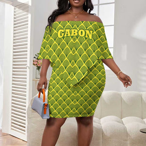 Gabon Tribal Pattern Off Shoulder Short Dress - National Flag Colors and Bold Text Design