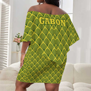 Gabon Tribal Pattern Off Shoulder Short Dress - National Flag Colors and Bold Text Design