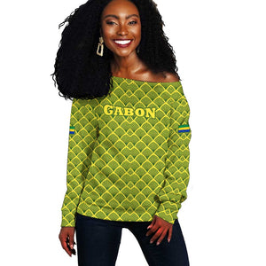 Gabon Tribal Pattern Off Shoulder Sweater - National Flag Colors and Bold Text Design