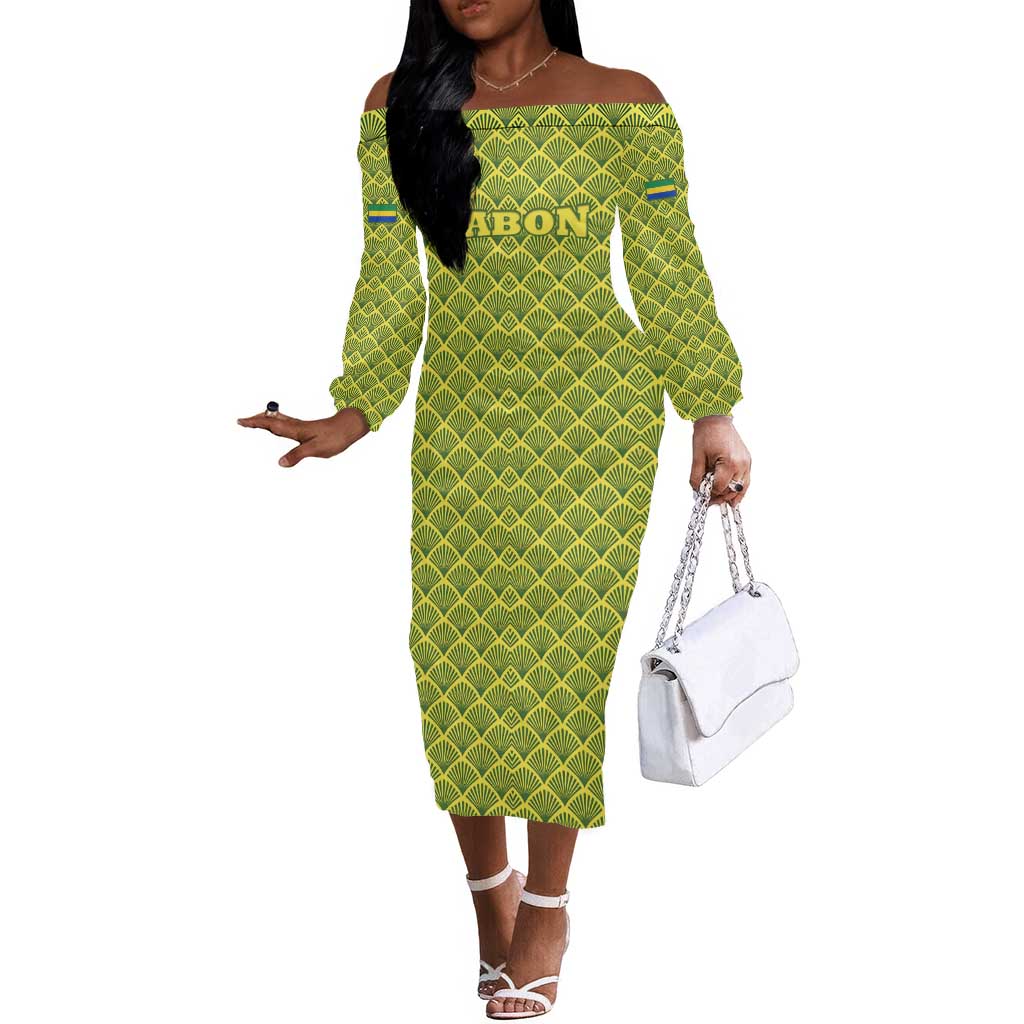 Gabon Tribal Pattern Off The Shoulder Long Sleeve Dress - National Flag Colors and Bold Text Design