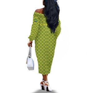 Gabon Tribal Pattern Off The Shoulder Long Sleeve Dress - National Flag Colors and Bold Text Design