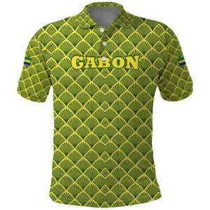 Gabon Tribal Pattern Polo Shirt - National Flag Colors and Bold Text Design