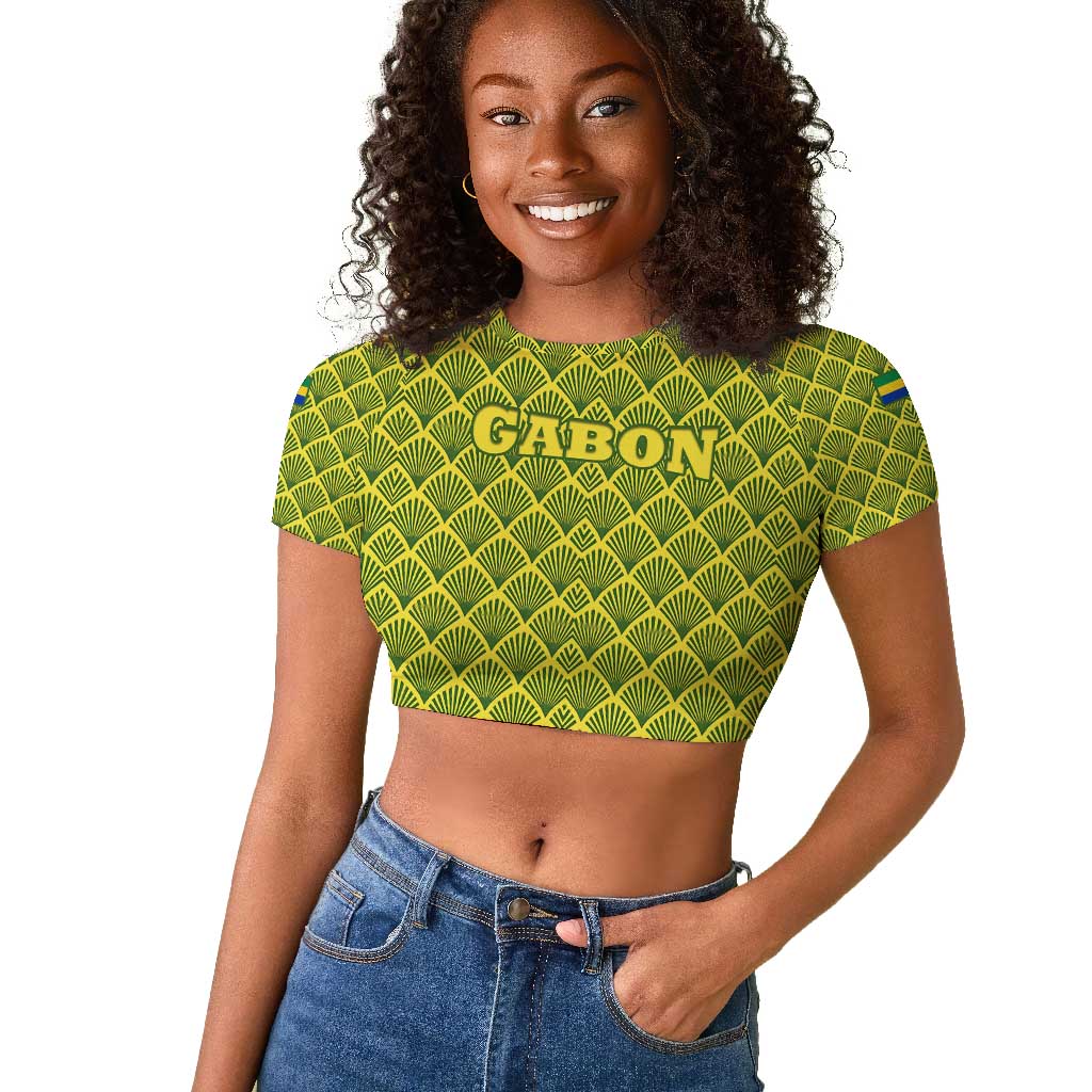Gabon Tribal Pattern Raglan Cropped T shirt - National Flag Colors and Bold Text Design