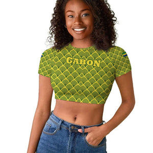 Gabon Tribal Pattern Raglan Cropped T shirt - National Flag Colors and Bold Text Design
