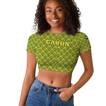 Gabon Tribal Pattern Raglan Cropped T shirt - National Flag Colors and Bold Text Design