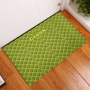 Gabon Tribal Pattern Rubber Doormat - National Flag Colors and Bold Text Design