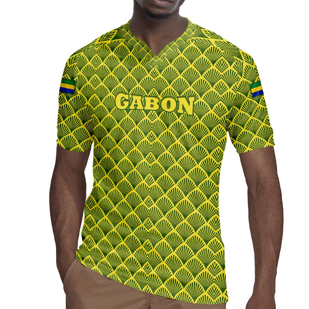 Gabon Tribal Pattern Rugby Jersey - National Flag Colors and Bold Text Design