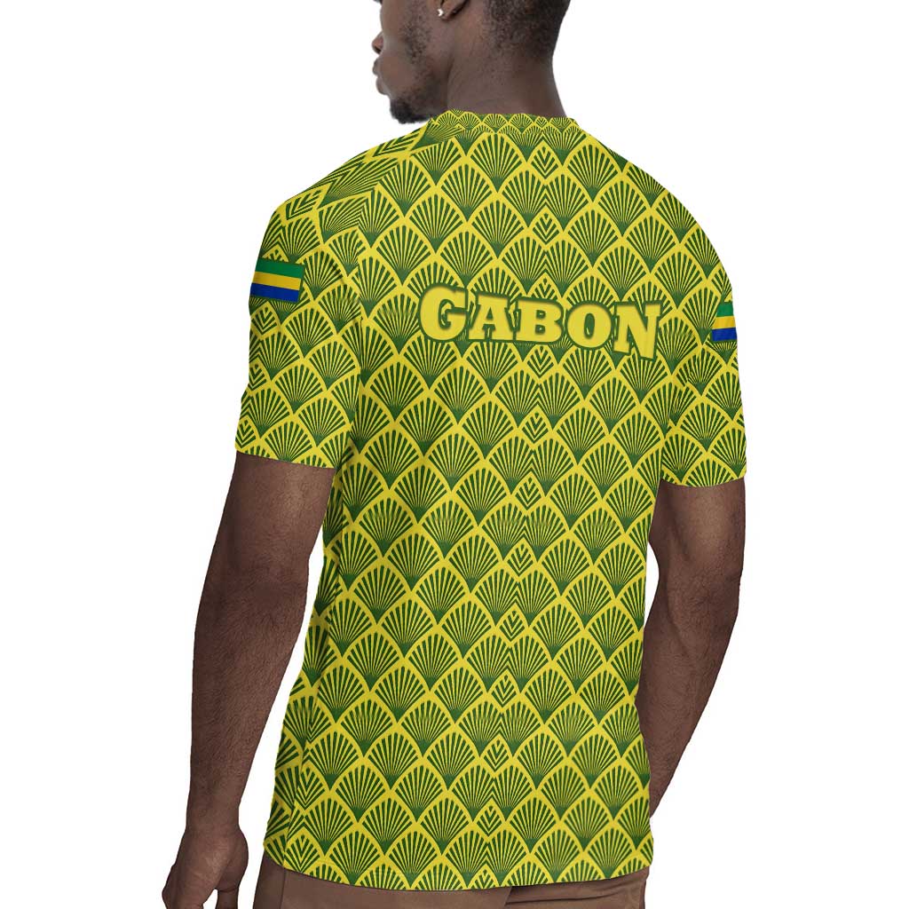 Gabon Tribal Pattern Rugby Jersey - National Flag Colors and Bold Text Design