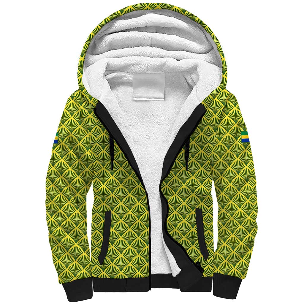 Gabon Tribal Pattern Sherpa Hoodie - National Flag Colors and Bold Text Design
