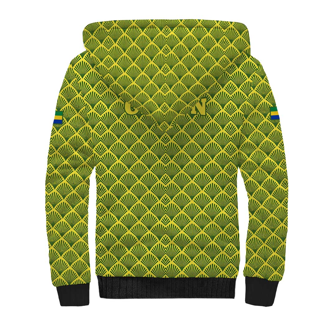 Gabon Tribal Pattern Sherpa Hoodie - National Flag Colors and Bold Text Design