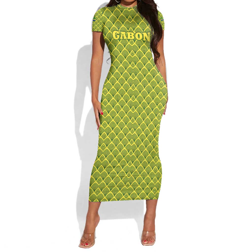 Gabon Tribal Pattern Short Sleeve Bodycon Dress - National Flag Colors and Bold Text Design