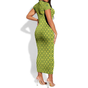 Gabon Tribal Pattern Short Sleeve Bodycon Dress - National Flag Colors and Bold Text Design