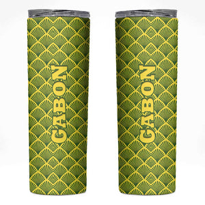 Gabon Tribal Pattern Skinny Tumbler - National Flag Colors and Bold Text Design