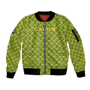 Gabon Tribal Pattern Sleeve Zip Bomber Jacket - National Flag Colors and Bold Text Design