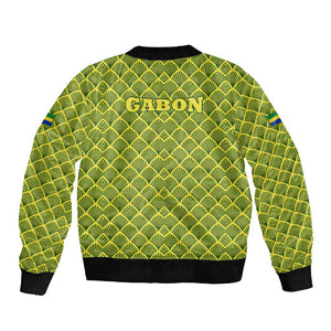 Gabon Tribal Pattern Sleeve Zip Bomber Jacket - National Flag Colors and Bold Text Design