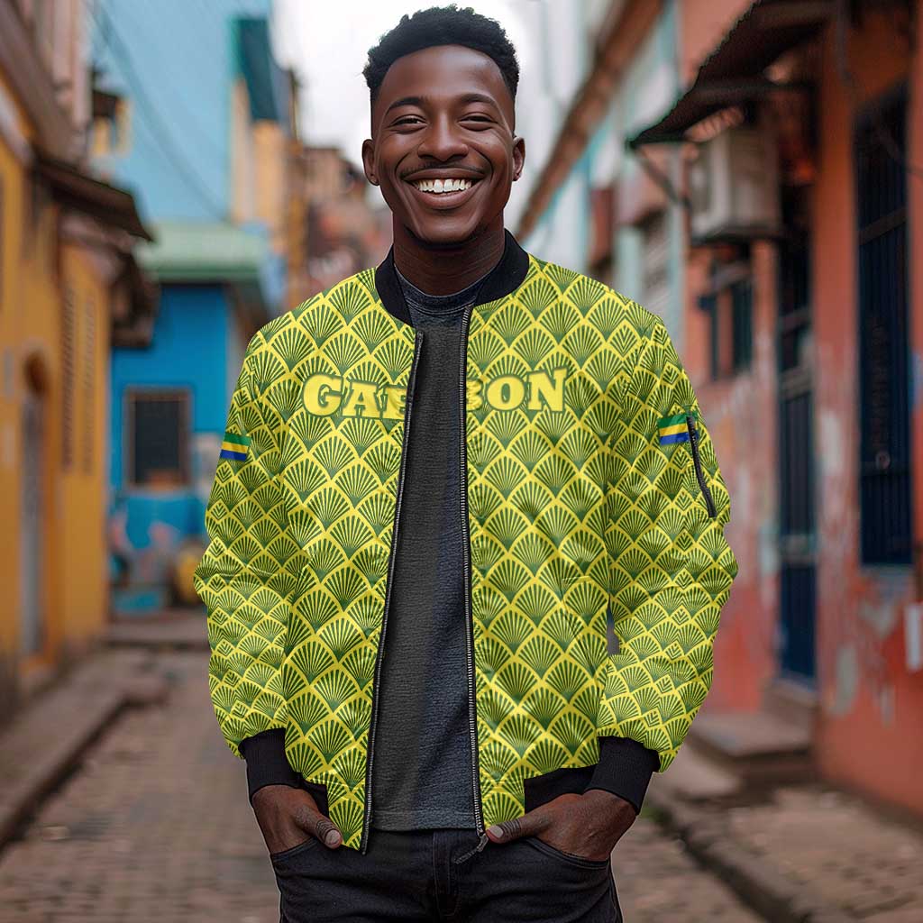 Gabon Tribal Pattern Sleeve Zip Bomber Jacket - National Flag Colors and Bold Text Design
