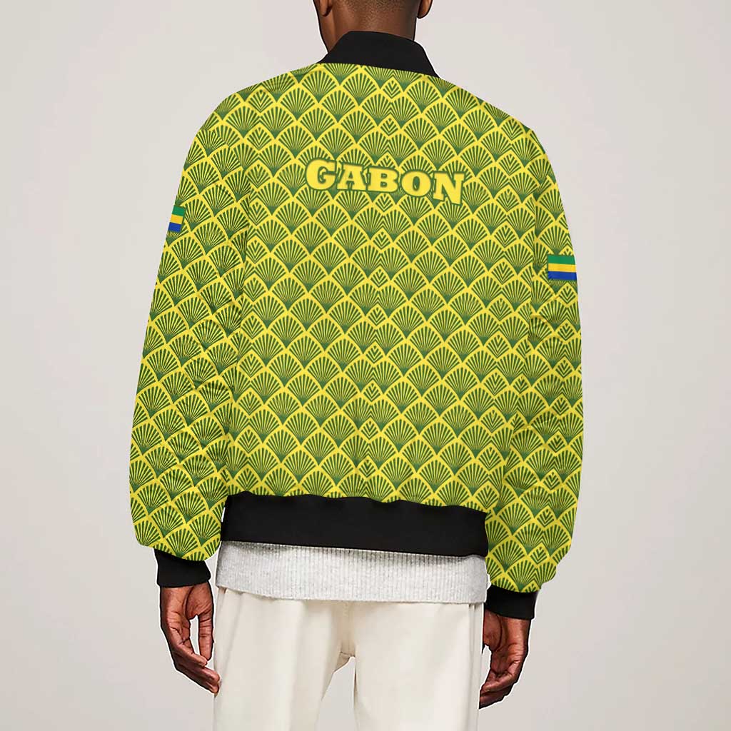 Gabon Tribal Pattern Sleeve Zip Bomber Jacket - National Flag Colors and Bold Text Design