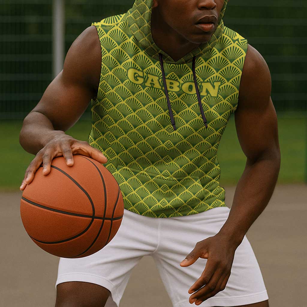 Gabon Tribal Pattern Sleeveless Hoodie - National Flag Colors and Bold Text Design - African Pride