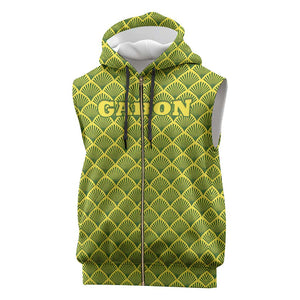 Gabon Tribal Pattern Sleeveless Zip Hoodie - National Flag Colors and Bold Text Design - African Pride