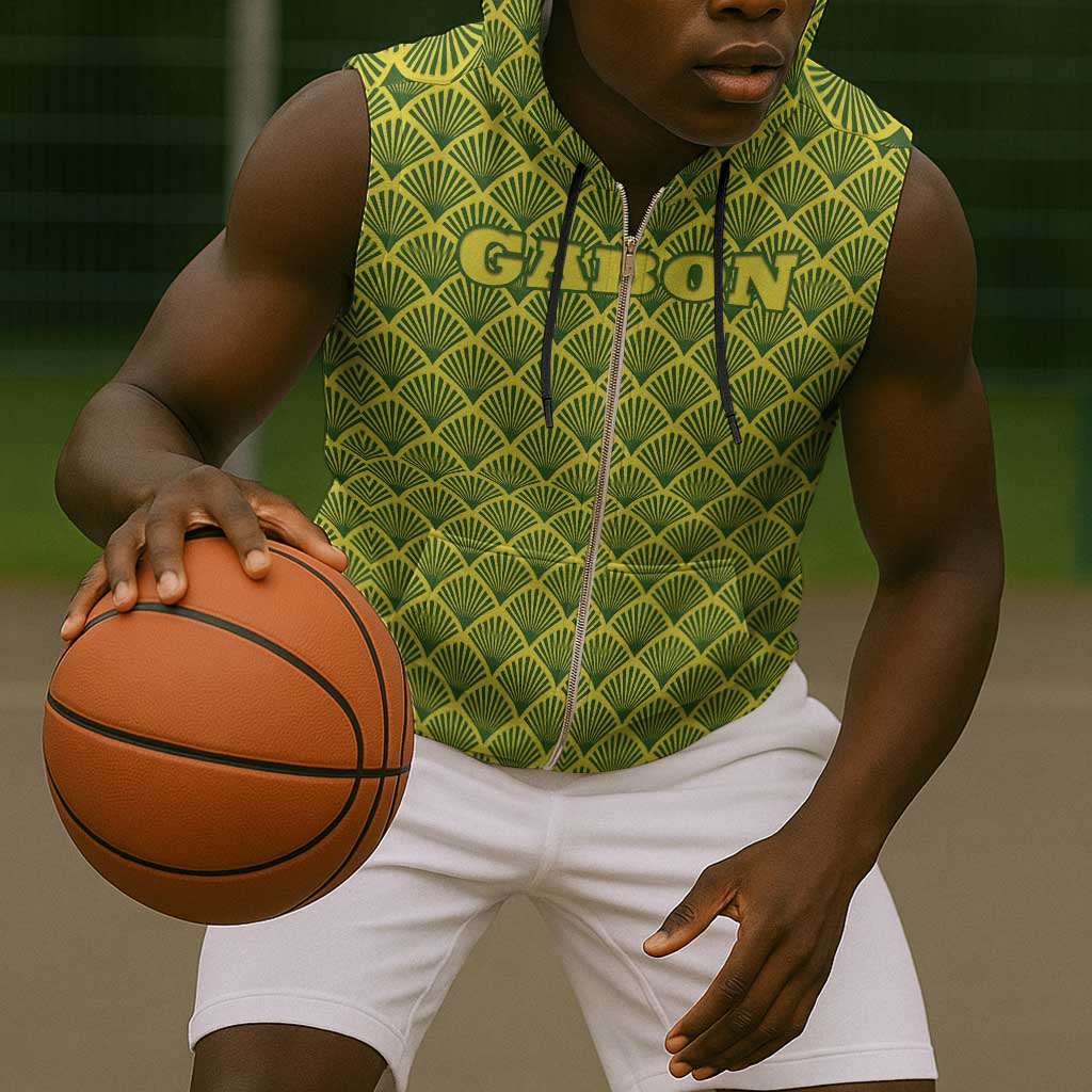 Gabon Tribal Pattern Sleeveless Zip Hoodie - National Flag Colors and Bold Text Design - African Pride