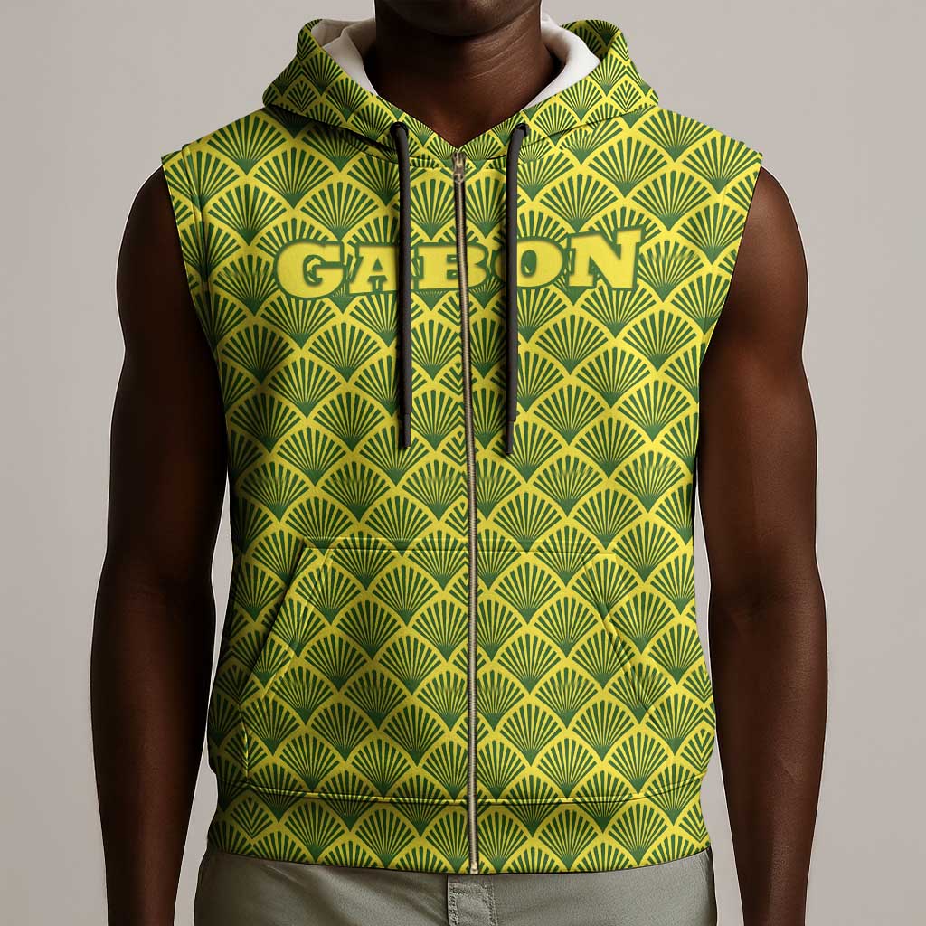 Gabon Tribal Pattern Sleeveless Zip Hoodie - National Flag Colors and Bold Text Design - African Pride