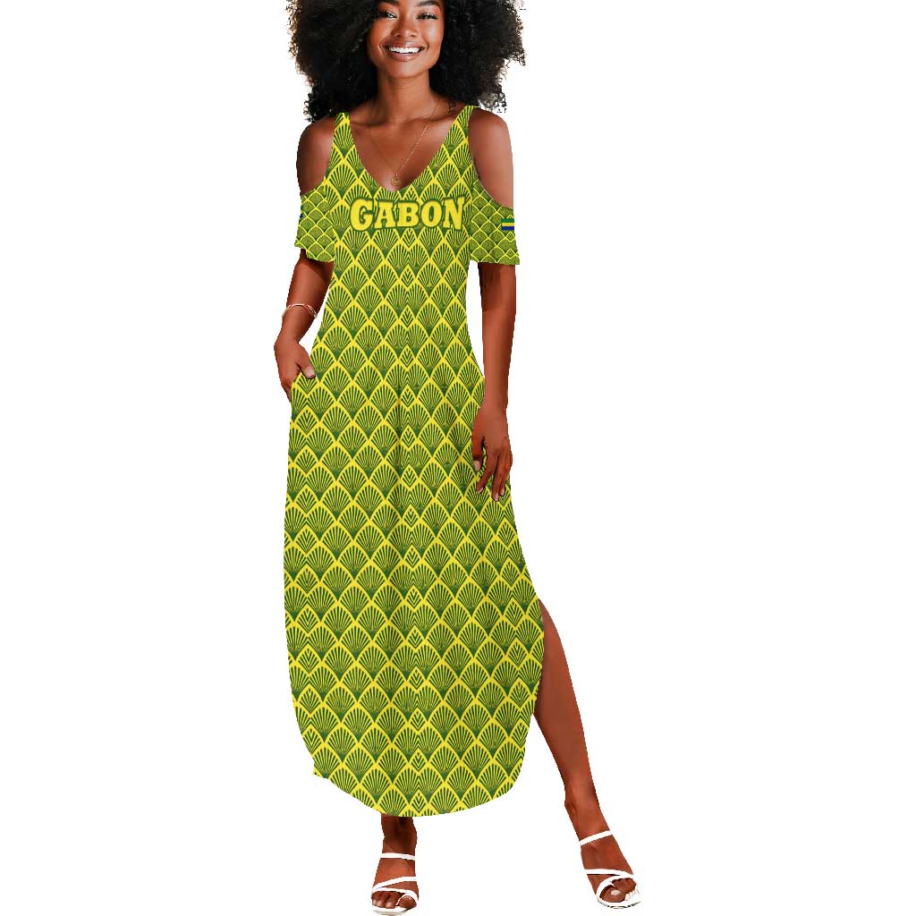Gabon Tribal Pattern Summer Maxi Dress - National Flag Colors and Bold Text Design