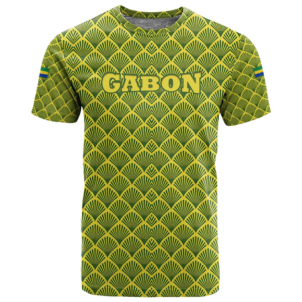 Gabon Tribal Pattern T shirt - National Flag Colors and Bold Text Design