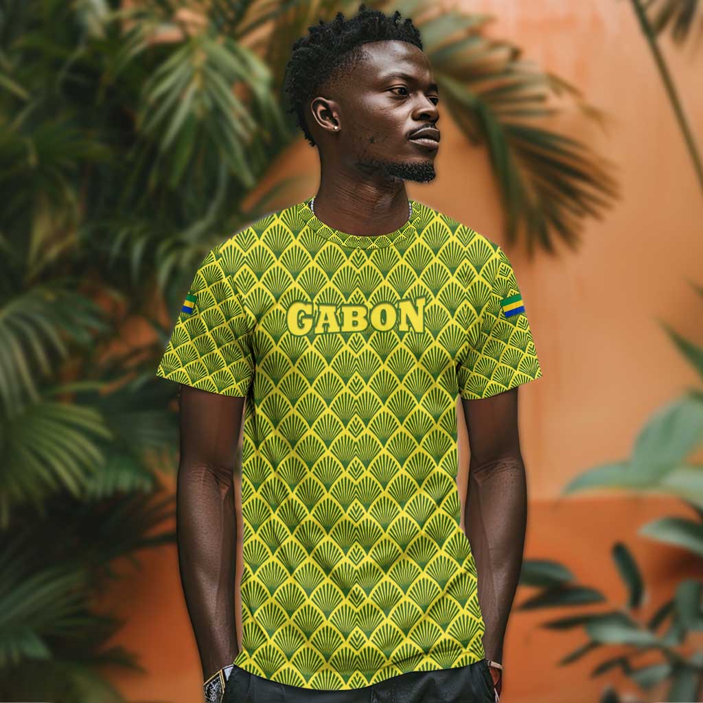 Gabon Tribal Pattern T shirt - National Flag Colors and Bold Text Design