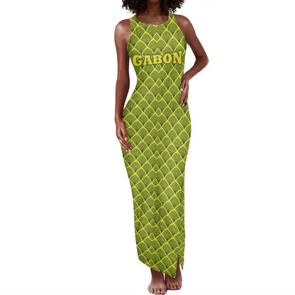Gabon Tribal Pattern Tank Maxi Dress - National Flag Colors and Bold Text Design