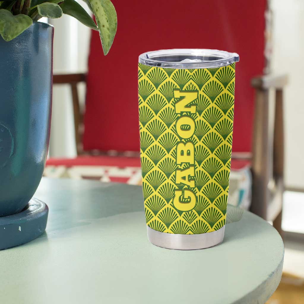 Gabon Tribal Pattern Tumbler Cup - National Flag Colors and Bold Text Design