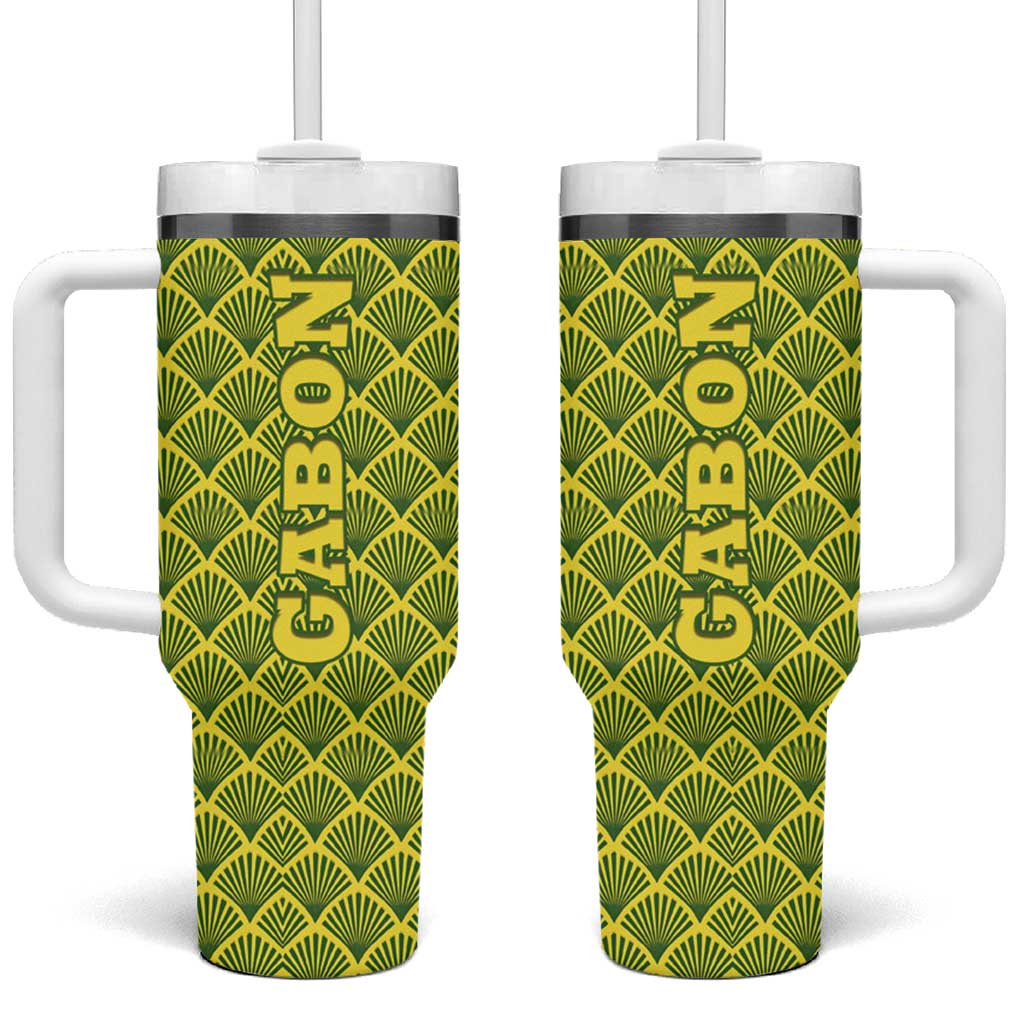 Gabon Tribal Pattern Tumbler With Handle - National Flag Colors and Bold Text Design