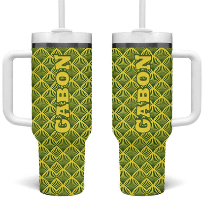 Gabon Tribal Pattern Tumbler With Handle - National Flag Colors and Bold Text Design