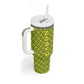 Gabon Tribal Pattern Tumbler With Handle - National Flag Colors and Bold Text Design