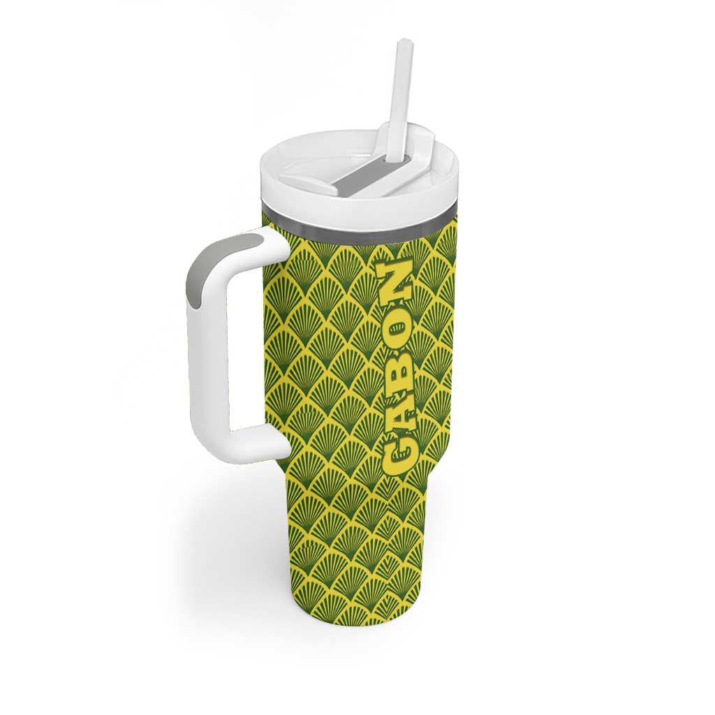 Gabon Tribal Pattern Tumbler With Handle - National Flag Colors and Bold Text Design