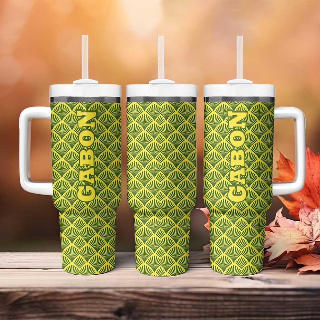 Gabon Tribal Pattern Tumbler With Handle - National Flag Colors and Bold Text Design
