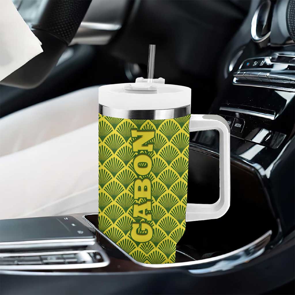 Gabon Tribal Pattern Tumbler With Handle - National Flag Colors and Bold Text Design