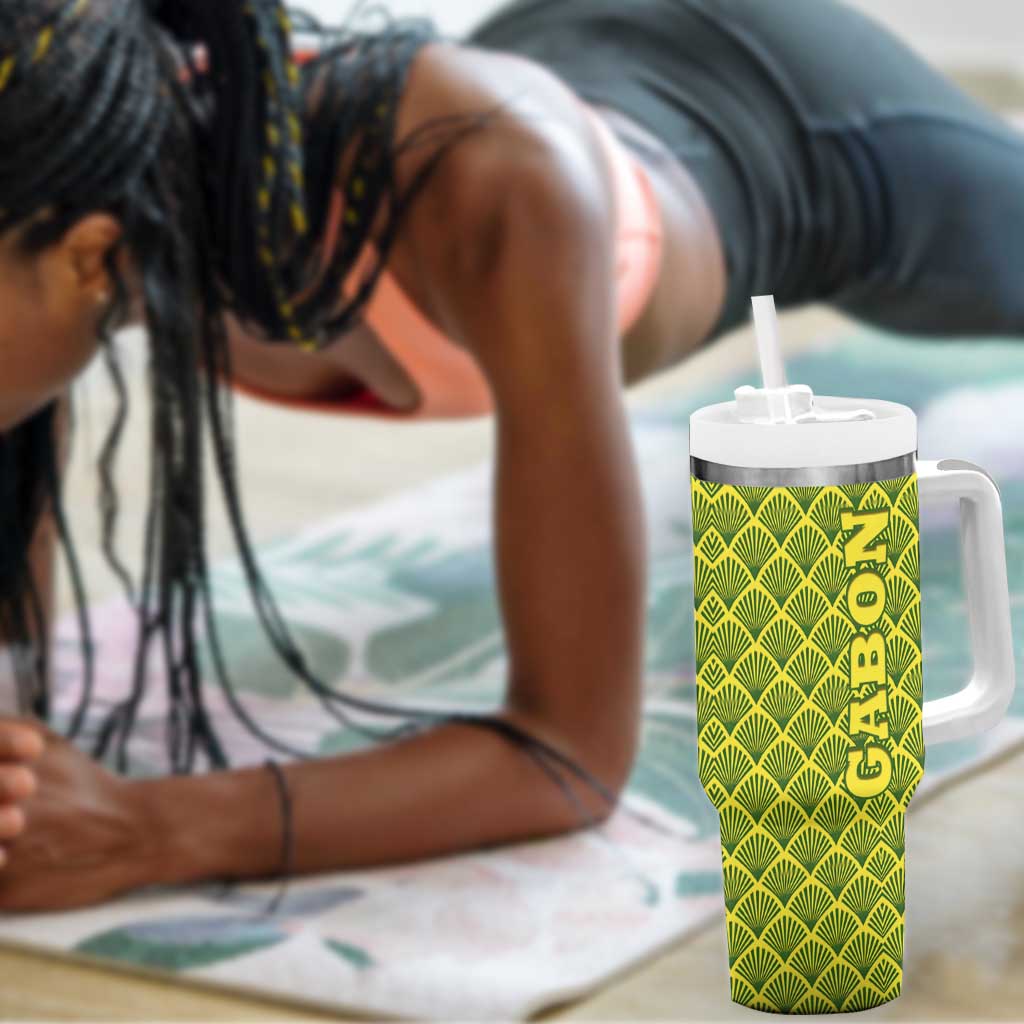 Gabon Tribal Pattern Tumbler With Handle - National Flag Colors and Bold Text Design