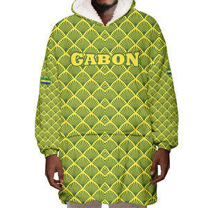 Gabon Tribal Pattern Wearable Blanket Hoodie - National Flag Colors and Bold Text Design