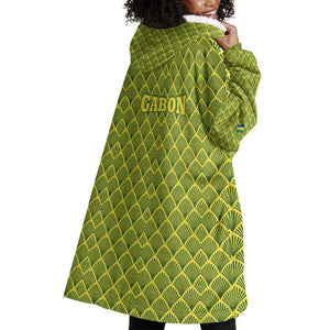 Gabon Tribal Pattern Wearable Blanket Hoodie - National Flag Colors and Bold Text Design