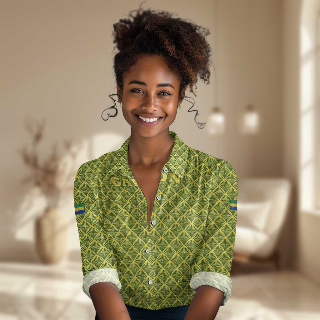 Gabon Tribal Pattern Women Casual Shirt - National Flag Colors and Bold Text Design
