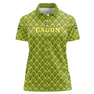 Gabon Tribal Pattern Women Polo Shirt - National Flag Colors and Bold Text Design
