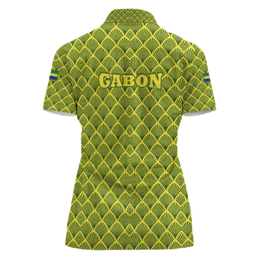 Gabon Tribal Pattern Women Polo Shirt - National Flag Colors and Bold Text Design