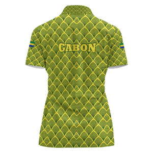 Gabon Tribal Pattern Women Polo Shirt - National Flag Colors and Bold Text Design