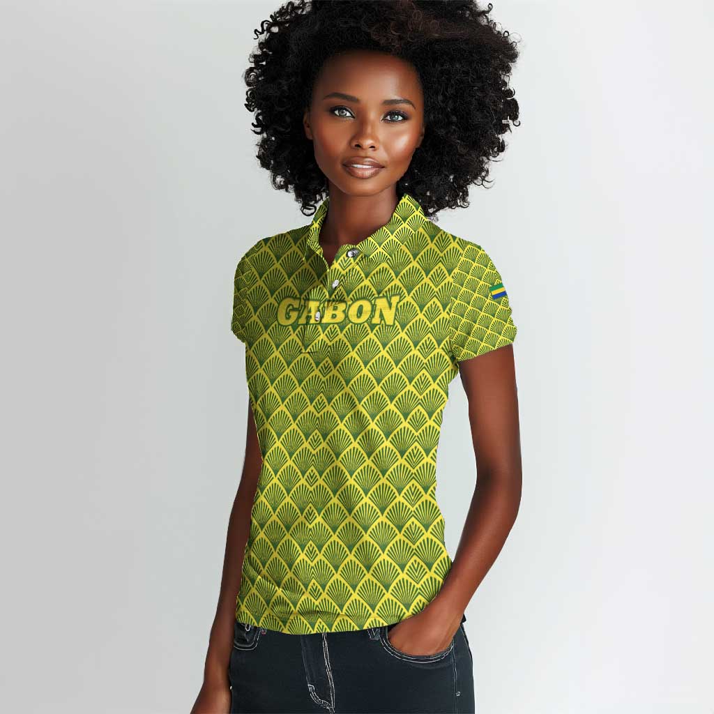 Gabon Tribal Pattern Women Polo Shirt - National Flag Colors and Bold Text Design