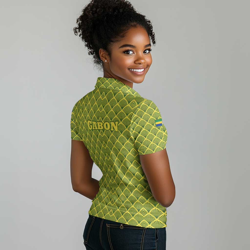 Gabon Tribal Pattern Women Polo Shirt - National Flag Colors and Bold Text Design