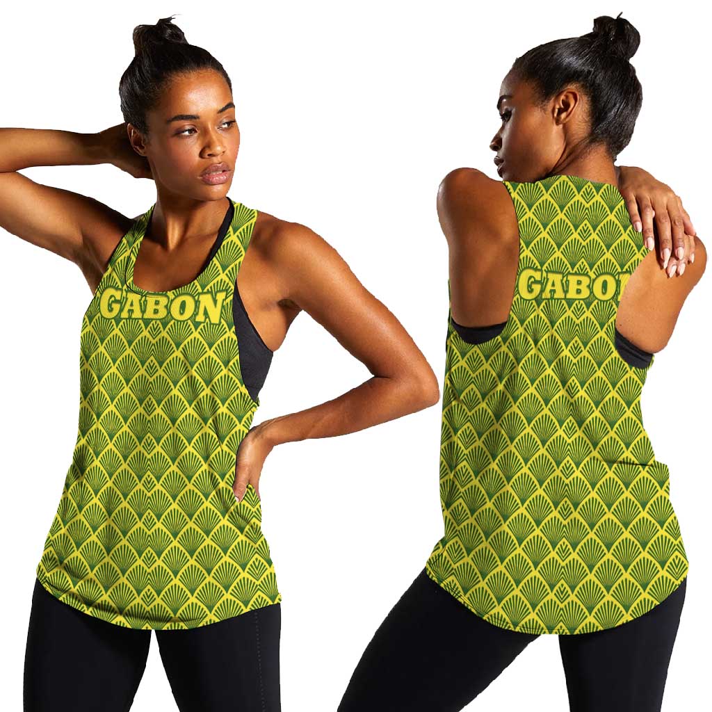 Gabon Tribal Pattern Women Racerback Tank - National Flag Colors and Bold Text Design