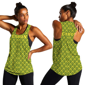 Gabon Tribal Pattern Women Racerback Tank - National Flag Colors and Bold Text Design
