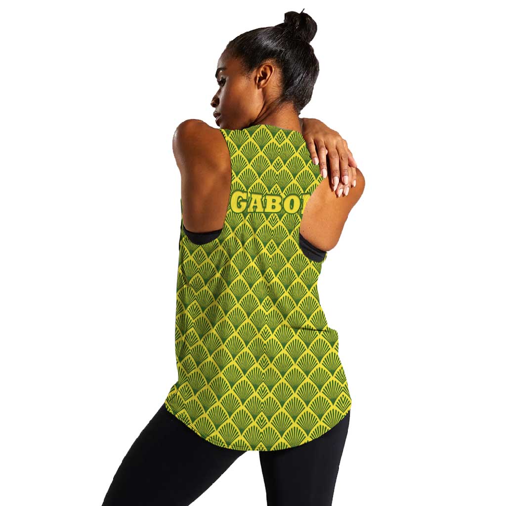 Gabon Tribal Pattern Women Racerback Tank - National Flag Colors and Bold Text Design