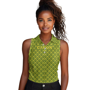Gabon Tribal Pattern Women Sleeveless Polo Shirt - National Flag Colors and Bold Text Design