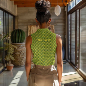 Gabon Tribal Pattern Women Sleeveless Polo Shirt - National Flag Colors and Bold Text Design